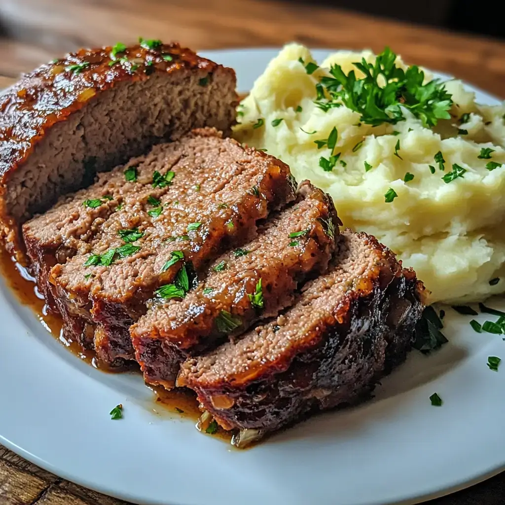 Healthy meatloaf and mashed potatoes plated