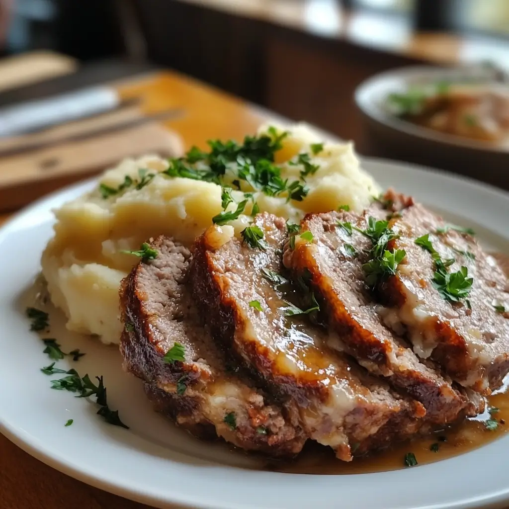 meatloaf_and_mashed1 Healthy meatloaf and mashed potatoes plated