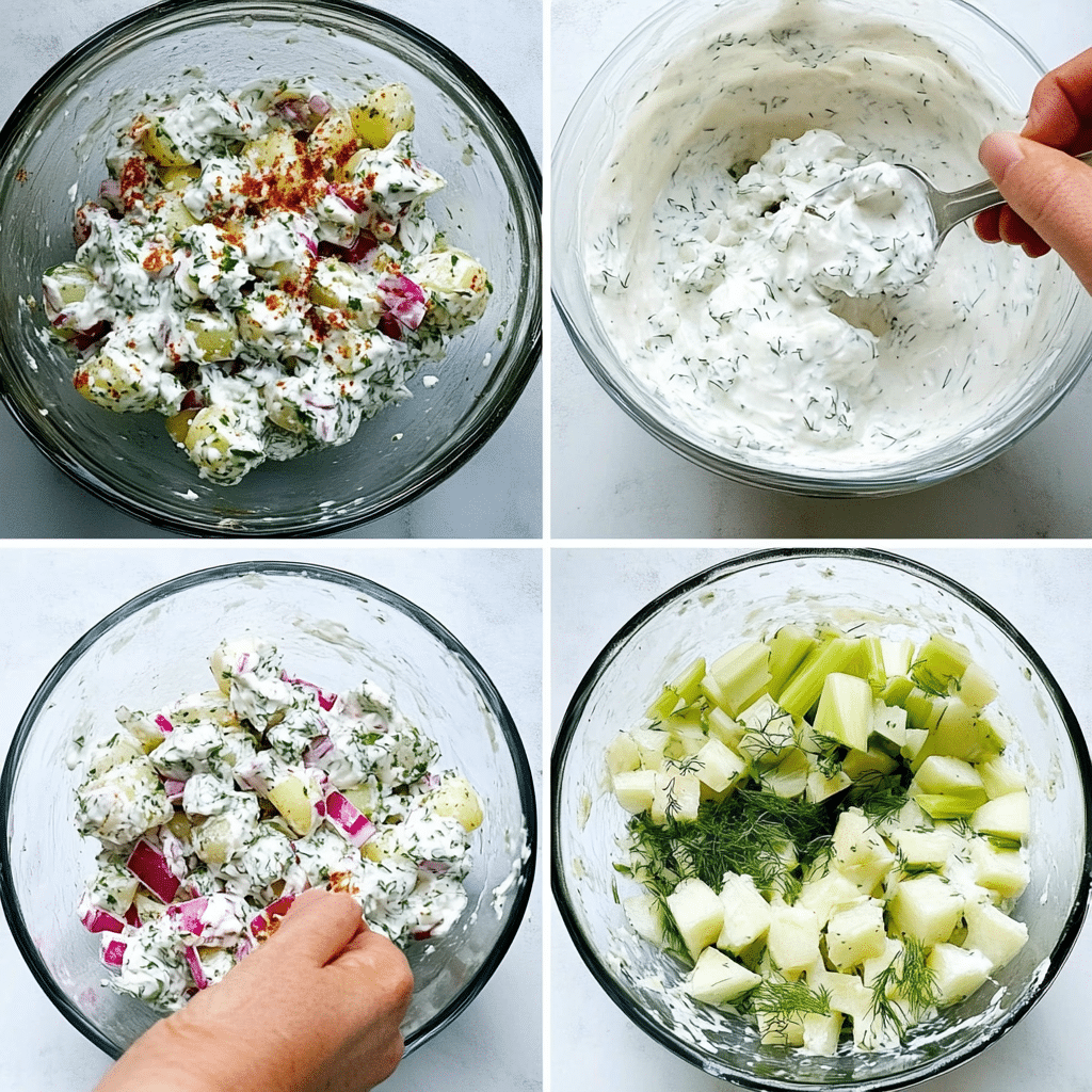 mixing-crispy-potato-salad Mixing crispy potato salad with veggies and dressing