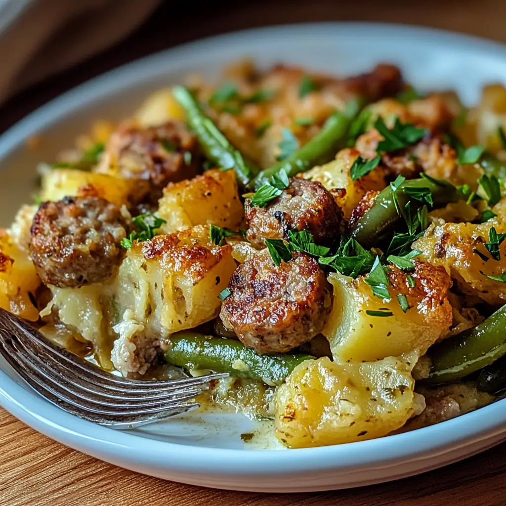 plated serving of sausage green bean potato casserole