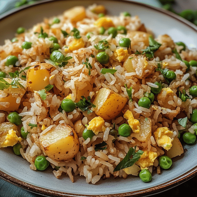 Close-up of potato fried rice with golden crispy potatoes and veggies
