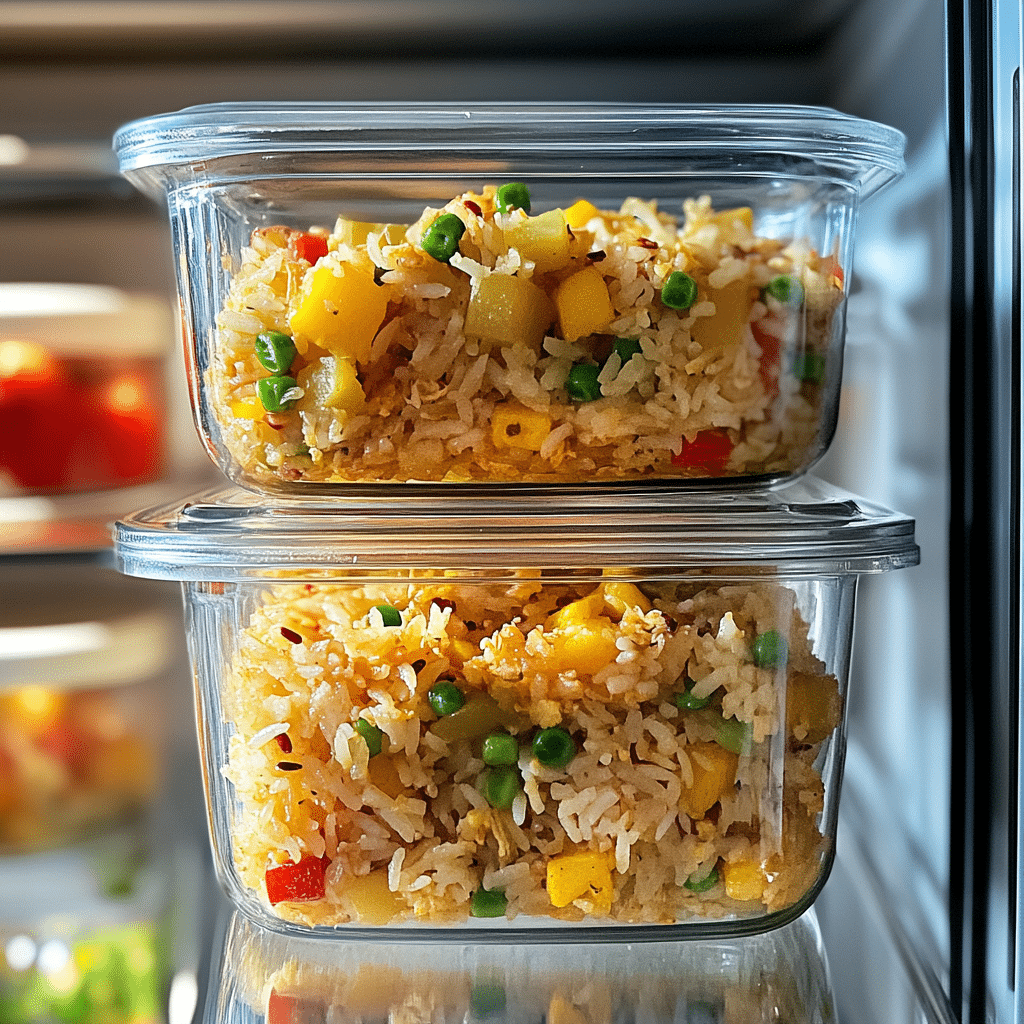 potato-fried-rice-leftovers Leftover potato fried rice stored in fridge