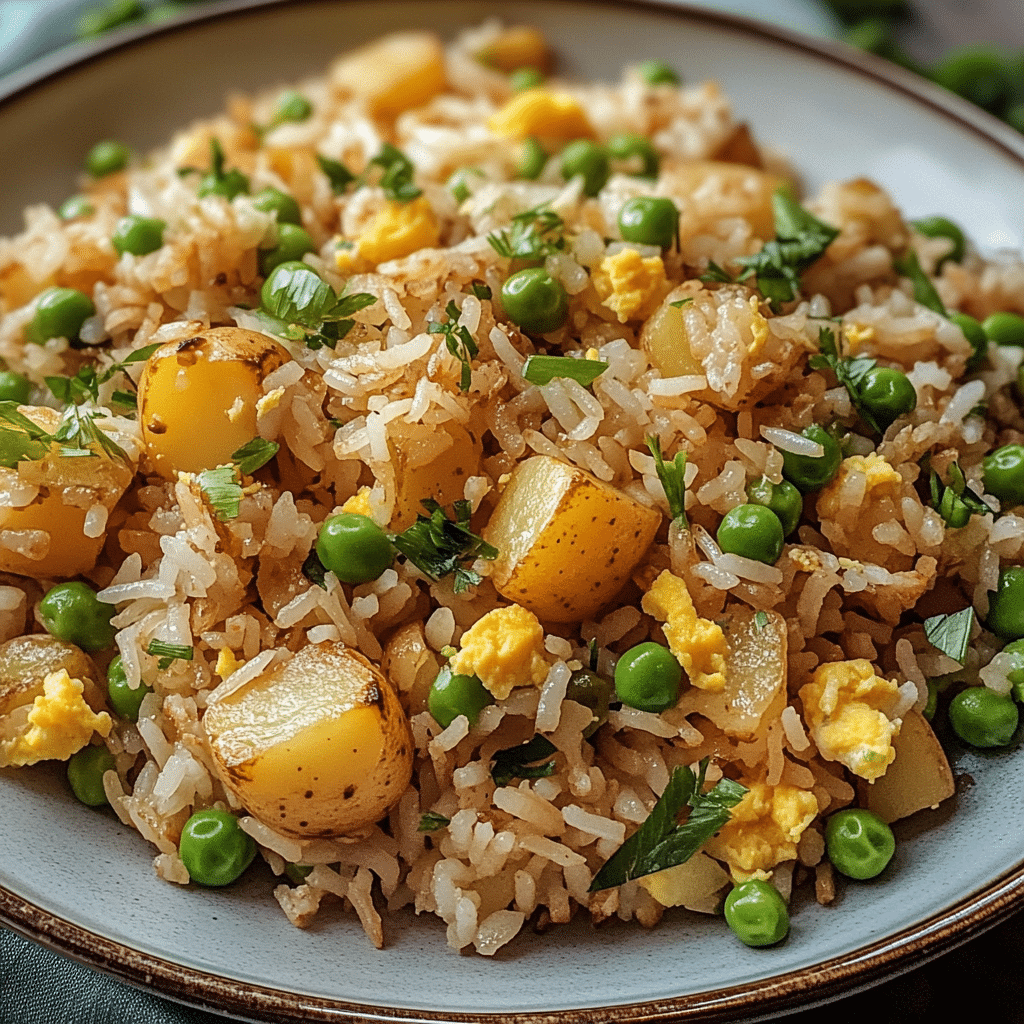 Close-up of potato fried rice with golden crispy potatoes and veggies