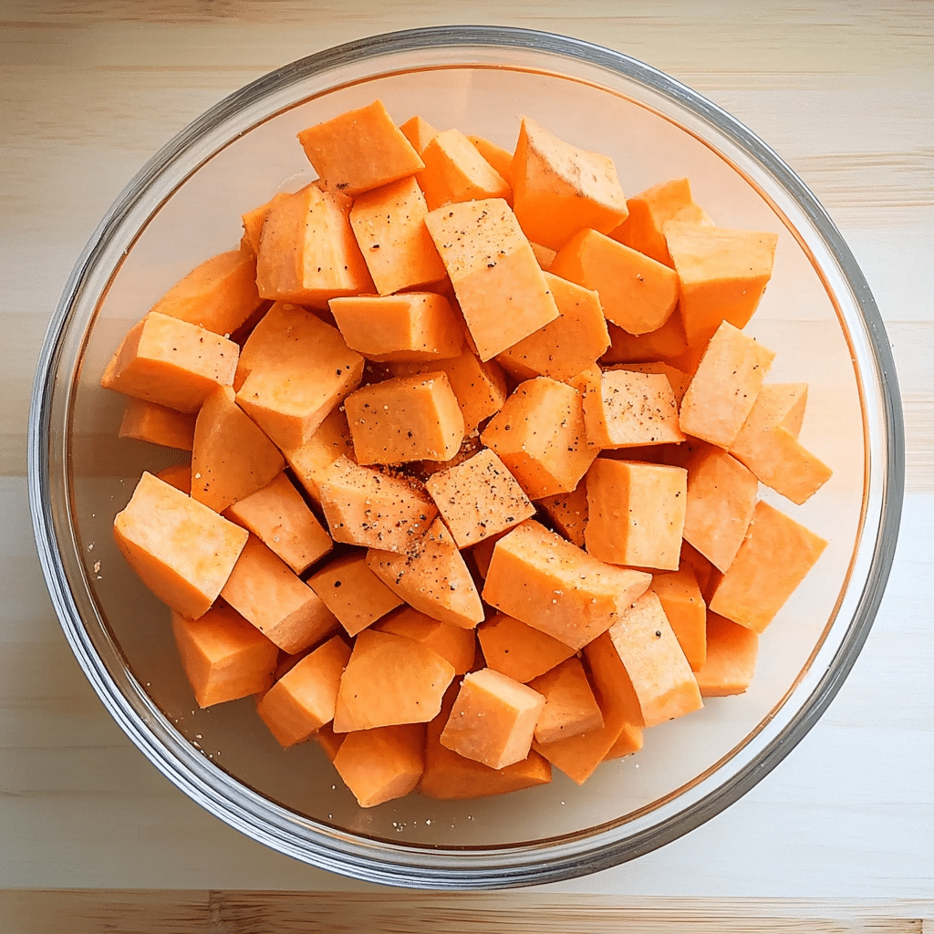 raw-seasoned-sweet-potato-cubes Seasoned raw sweet potato cubes in glass bowl