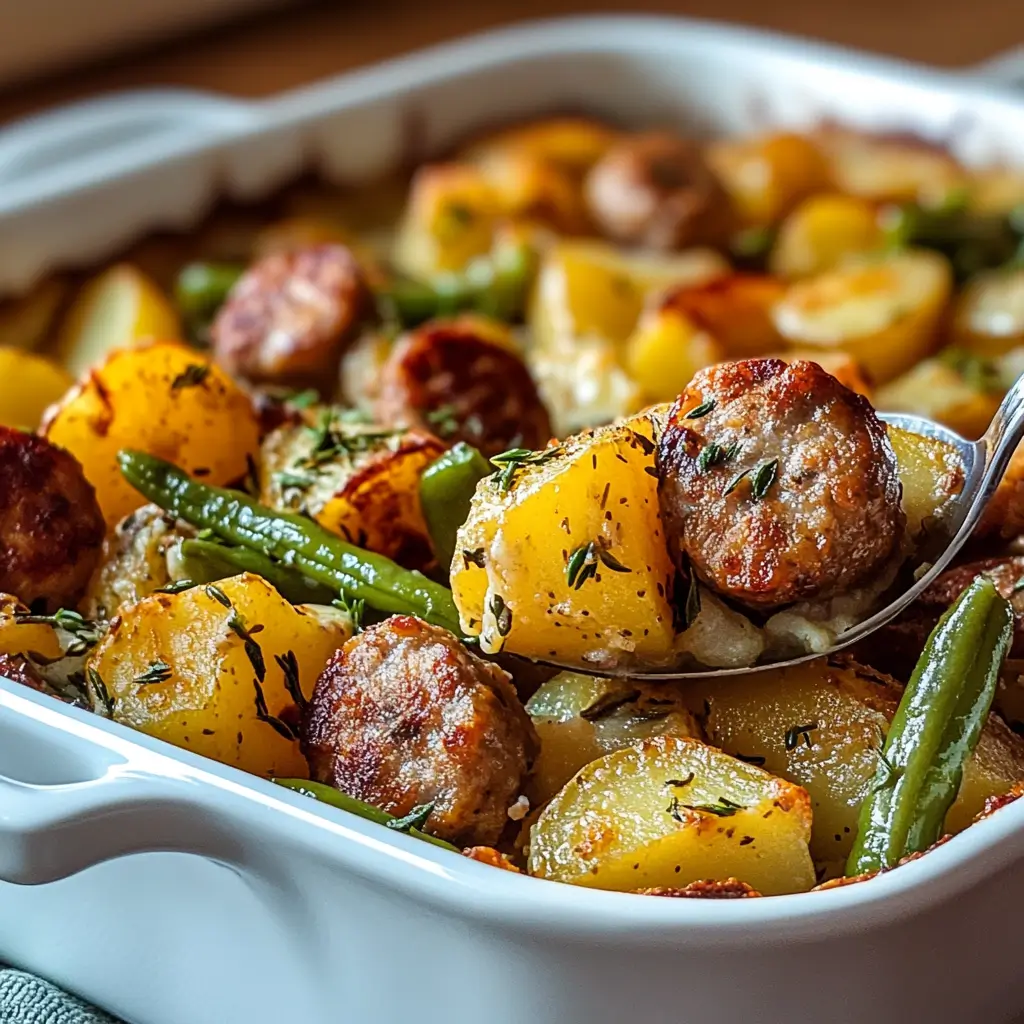 serving sausage green bean potato casserole from a dish