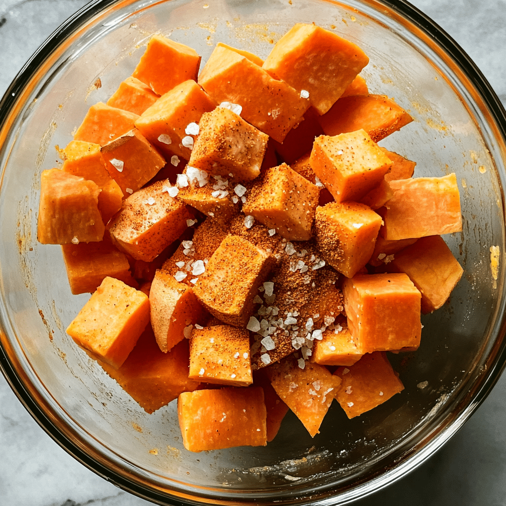 seasoned-sweet-potato Seasoned raw sweet potatoes being mix