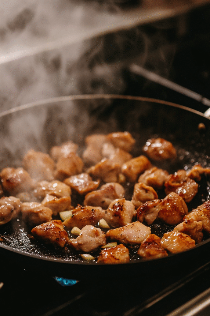 Sliced chicken thighs searing in pan with garlic and ginger