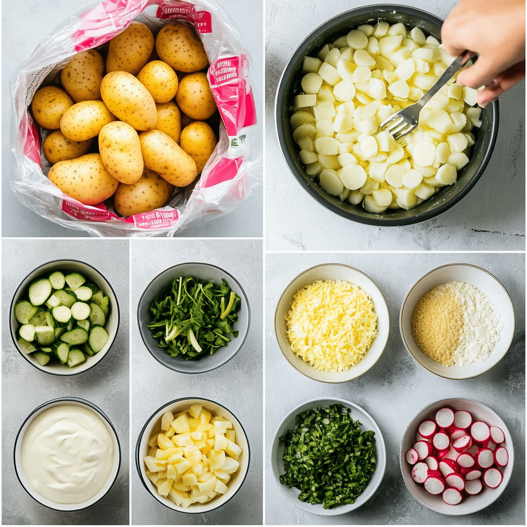 ucrispy-potato-salad-ingredients Ingredients for crispy potato salad on wooden board