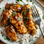rispy chicken glazed in shiny honey garlic sauce