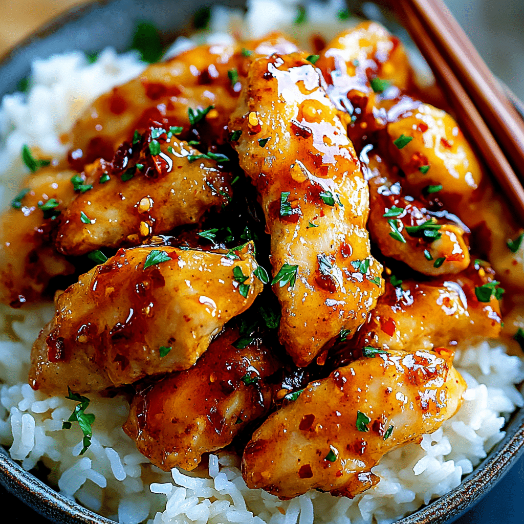 crispy-honey-chicken-bowl Crispy honey garlic chicken bowl with parsley and rice