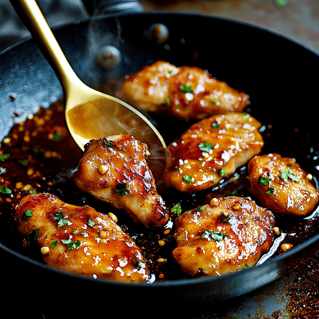 crispy-honey-chicken-cooking Chicken cooking in honey garlic sauce in pan