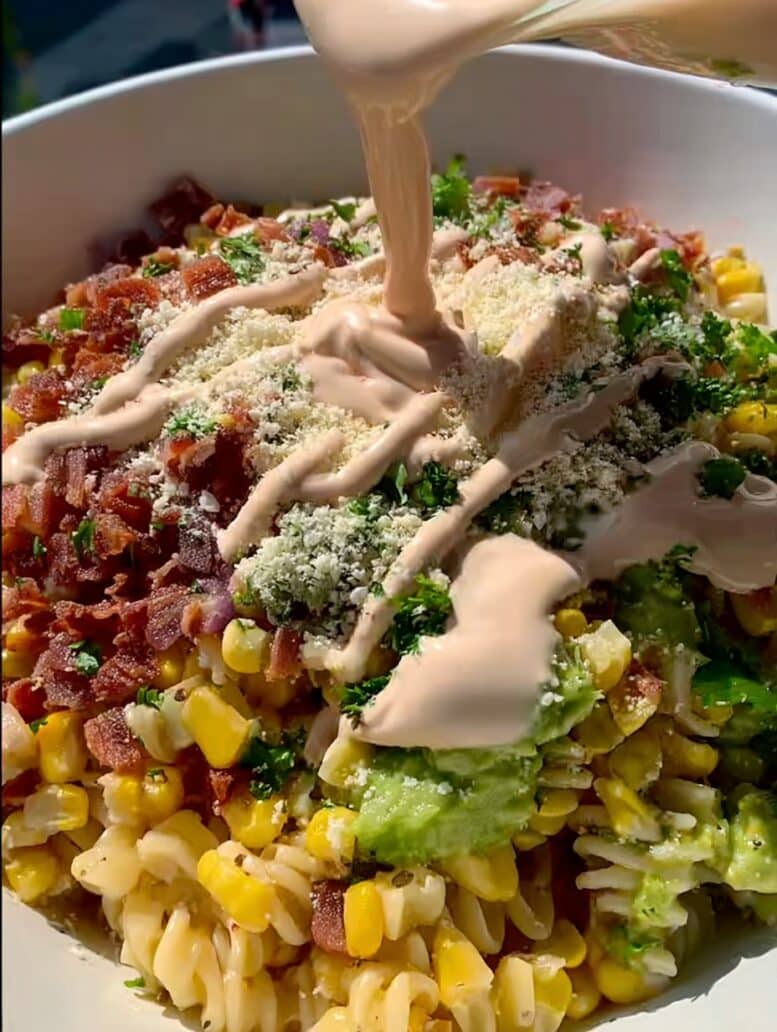 dressing Mexican Street Corn Pasta Salad recipe  with sauce