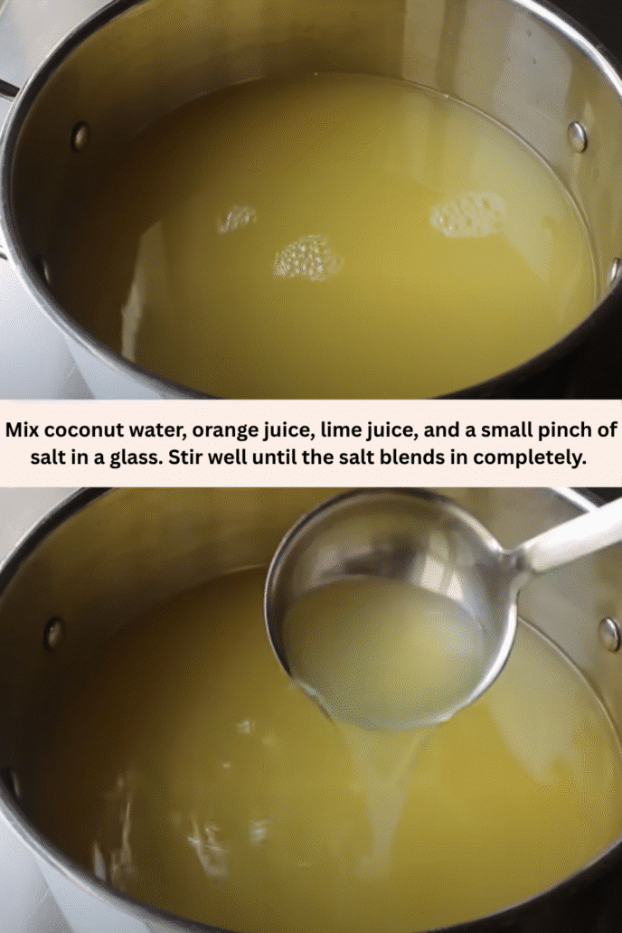 Mix coconut water, orange juice, lime juice, and a small pinch of salt 