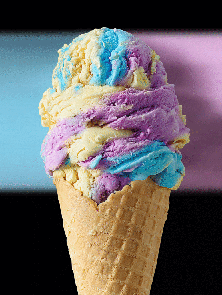 cone with three scoops of Moon Mist ice cream
