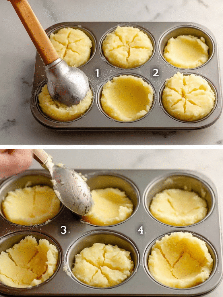 shaping potato nests in muffin tin